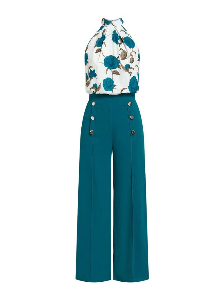 Ellevyn Damen eleganter Jumpsuit mit Taillengürtel und Rosenprint, Urlaubsstil - Kadettenblau - Übersicht 6