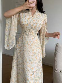 Modelyn 女式夏季全印花网眼腰部收腰优雅中长连衣裙