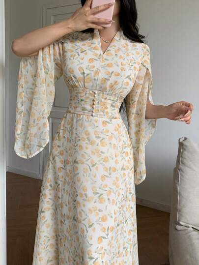 Modelyn 女式夏季全印花网眼腰部收腰优雅中长连衣裙