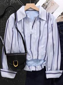 SHEIN EZwear 女士休闲通勤条纹长袖衬衫