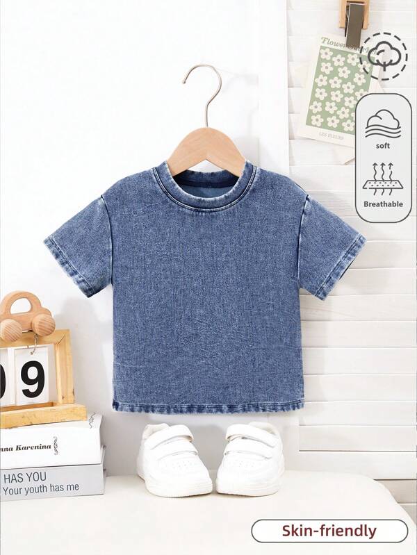 SHEIN Infant Boys' Knitted Round Neck Short Sleeve Denim Top, Blue