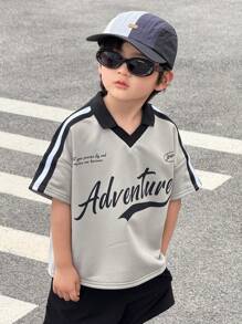 SHEIN Kinder/Jugendliche Jungen Lässig vielseitiger bequemer Polo-Shirt mit Buchstabenprint, Rippstrick, locker sitzend, kurzärmlig, ideal für Schule, Garten, Strand, Geburtstag, Frühling/Sommer, Herbst/Winter
