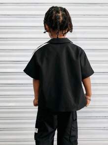 Young Boy Casual Versatile Comfortable Patchwork Thick And Thin Strap Turndown Collar Open Front Loose Woven Solid Color Shirt, Suitable For Commute, School, Daily Casual, Vacation, Sports, Spring/Summer, For Back To School