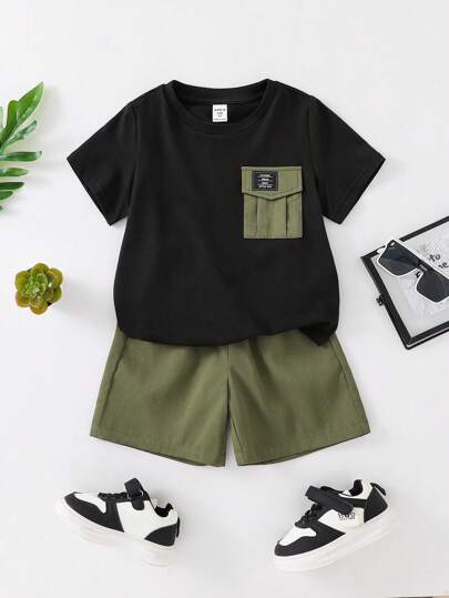 2 件儿童男童休闲百搭撞色口袋圆领宽松套头短袖 T 恤和纯色短裤套装，适合学校、花园、海滩、生日、春夏秋冬