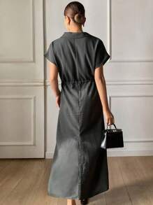 Livesso Einfarbiges, locker sitzendes, kurzärmliges, taillenumspieltes Hemdkleid im Maxilänge Stil für lässige Sommeroutfits, Strandmode für Frauen - Grau - Übersicht 2