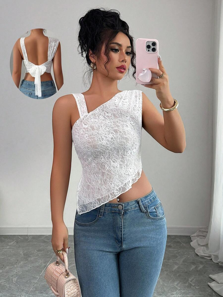 Elenzga Áo ba lỗ dây bất đối xứng gợi cảm cho nữ - trắng - Xem 1