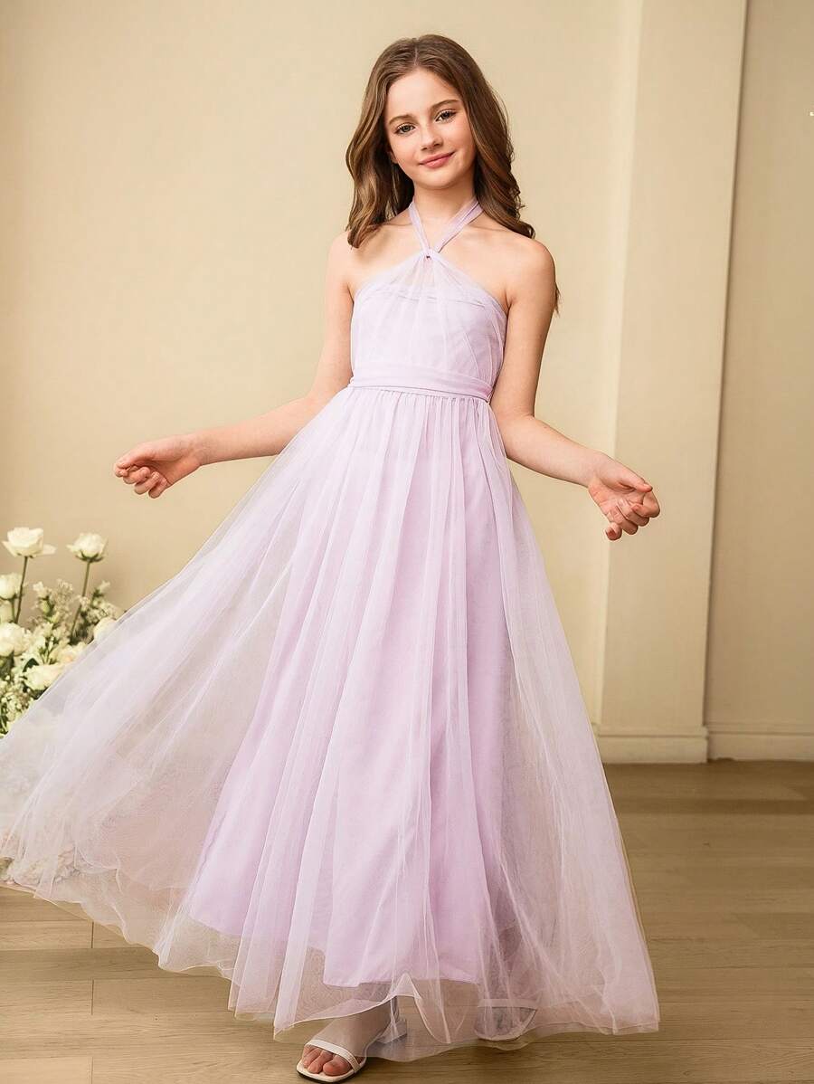 SHEIN Wedding Season Elegant Net Yarn Bridesmaid Dress For Tween Girls With Neck Hanging Design, Suitable For Weddings, Birthdays, Spring & Summer - Purple - View 1