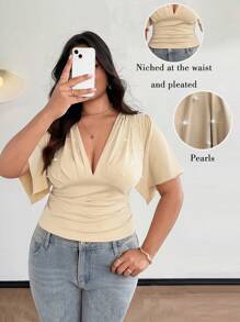 SHEIN Unity Blusa para mujer talla grande elegante y sexy con cuello en V ajustada y decorada con perlas - Albaricoque - Ver 1