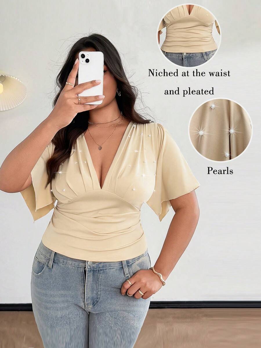 SHEIN Unity Blusa para mujer talla grande elegante y sexy con cuello en V ajustada y decorada con perlas - Albaricoque - Ver 1