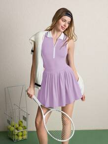 CourtClass Váy thể thao yoga không tay thường ngày cho nữ có khóa kéo xẻ phía trước và thiết kế hở lưng - Màu tím hoa cà - Xem 4