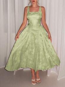 Relinas 早春新款女士方领蝴蝶结露背休闲派对中长连衣裙