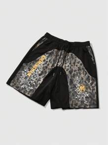 ROMWE MEN Street Life Men's Streetwear Mix-Matched Leopard Print Shorts - Black - View 4
