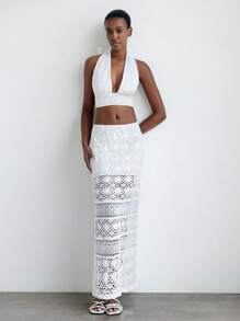 Maija Women's White Tie-Neck Backless Fitted Cropped Tank Top & Elastic Waist Textured Bohemian Beach Skirt 2Pcs Suit, Summer Casual Set Vacation Outfits Woman - Apricot - View 6