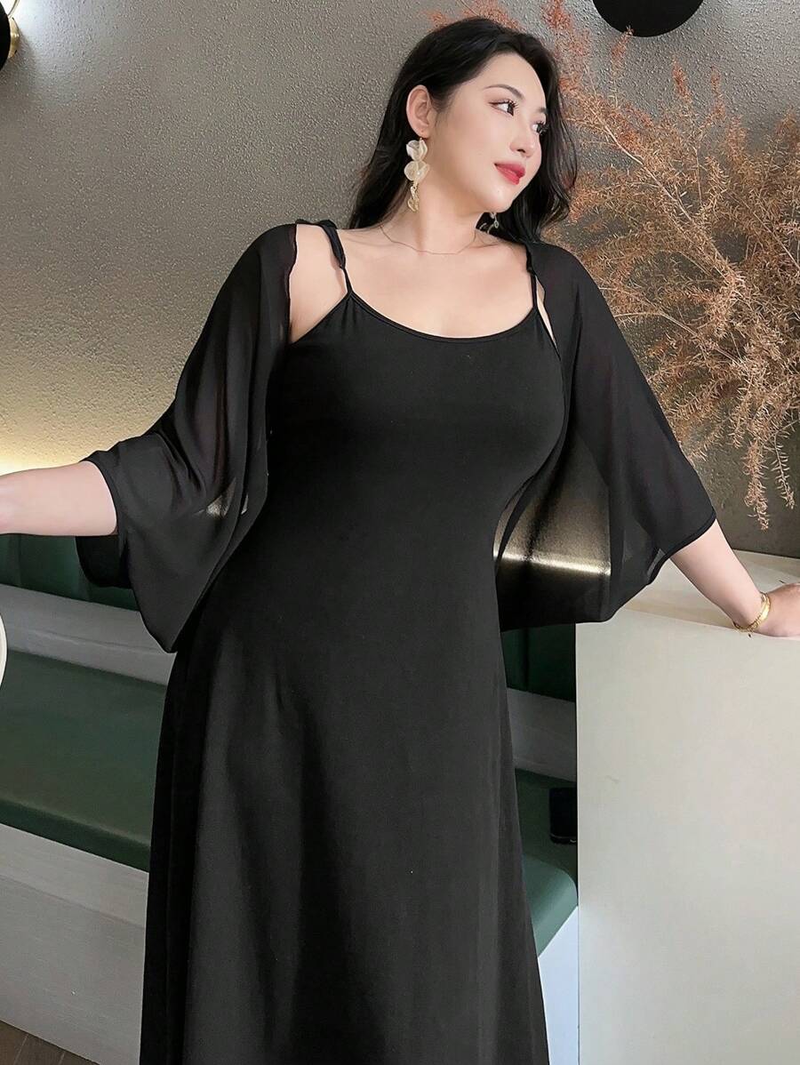 Dazy Plus Plus Size Solid Color Sheer Raglan Sleeve Cover Up - Black - View 1