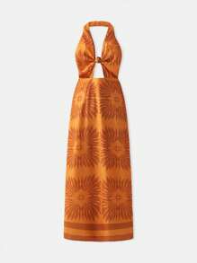 Maija Đầm hở lưng in họa tiết xoắn màu cam cho nữ phong cách Boho Beach Western Holiday Casual Allover Backless Dress Trang phục nghỉ mát cho phụ nữ Hawaii Outfits Women - trái cam - Xem 5