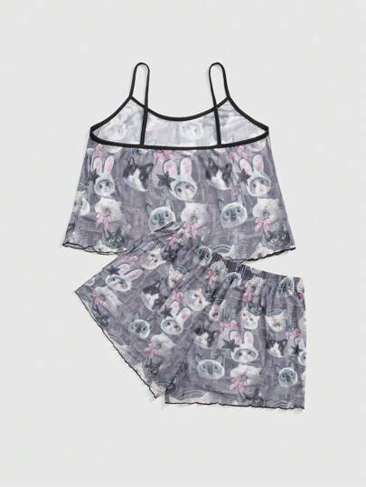 Goth Plus Size Gothic Dark Cat Newspaper Print Satin Camisole & Shorts Pajama Set