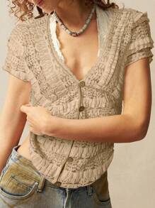 Bohemela Áo cánh tay ngắn cổ chữ V màu trơn dành cho nữ - Màu Khaki - Xem 6