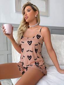 Heart & Eyelash Print Bow Front PJ Set / Pajama Set Bow Tie - Dusty Pink - View 6