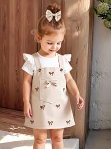 Elladie kids 2 件套幼儿女童休闲纯色短袖 T 恤和可爱围裙连衣裙套装 - 适合春季、夏季、秋季，配有发饰
