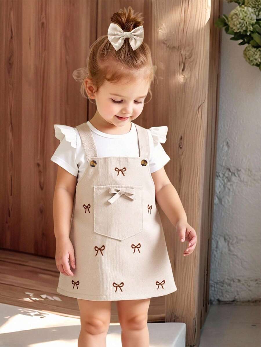 Elladie kids 2 件套幼儿女童休闲纯色短袖 T 恤和可爱围裙连衣裙套装 - 适合春季、夏季、秋季，配有发饰