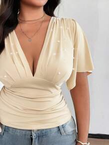 SHEIN Unity Blusa para mujer talla grande elegante y sexy con cuello en V ajustada y decorada con perlas - Albaricoque - Ver 3