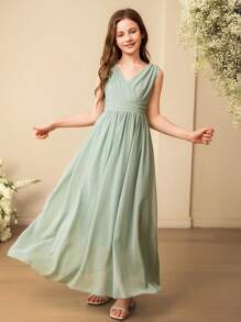 SHEIN Vestido formal largo de gasa verde sólido con cuello en V, sin mangas y cintura alta, adecuado para ceremonias de graduación, para niñas - Verde - Ver 6