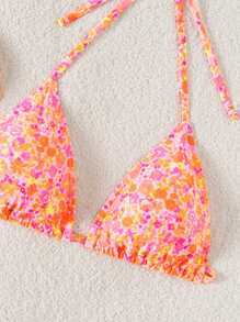 Swim Mod 2pcs/Set Women Random Floral Print Halter Backless Triangle Top And Adjustable Tie Bandeau Top Beach Wear Sets For Summer Beach Vacation - Multicolor - View 2