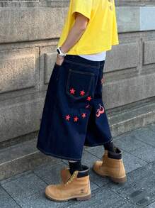 PAVTROS 男士卡通印花宽松口袋牛仔短裤 - 藍色 - 查看 3