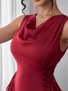 Modelyn Sleeveless Women's Dress With Draped Neck, Side Pleats And Drawstring, Spring/Summer