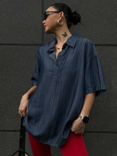 DAZY Camisa vaquera de mujer de manga corta con cuello vuelto y unicolor simple