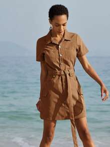 Aveloria Affinna Olivgrünes, vintage-amerikanisches, legeres, minimalistisches Streetwear-Militär-Kurzarmkleid mit Gürtel und Knöpfen für Frauen