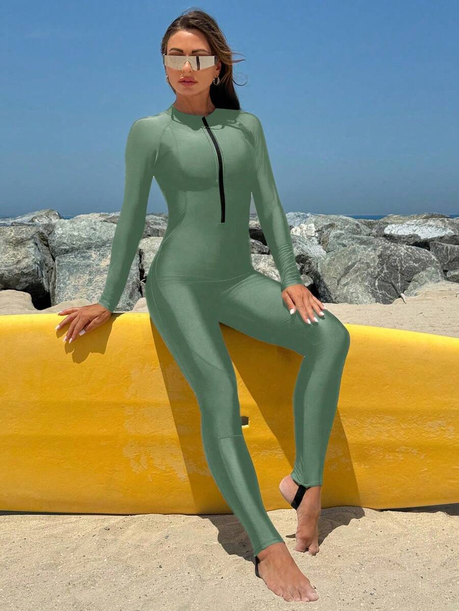 Swim SPRTY 1 件女式纯色连体泳衣，适合度假和海滩 - 軍綠色 - 查看 1