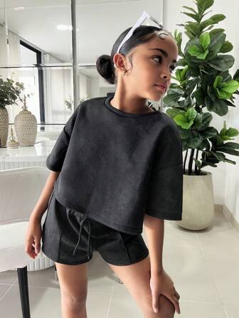 SHEIN Set van 2 losse cropped T-shirts voor meisjes (tween) + skinny shorts, casual dagelijkse bijpassende outfitset