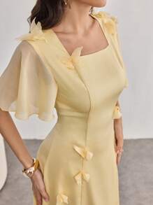 Modelyn Women's Square Neck Ruffle Sleeve Butterfly Floral Print Bodycon Mini Dress - Yellow - View 2