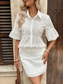 Breezaya 2pcs French Style Lace Embroidery Hollow Blouse And Mini Skirt Set - White - View 1
