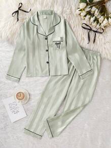 女童睡衣，香槟色条纹长袖开衫和长裤两件套家居服套装 - 綠色 - 查看 5