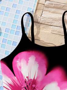 Tween Girls Black Minimalist Camisole One-Piece Swimsuit, Suitable For Summer Cool Wear Collection, Family Outing Season, Beach Mode On, Vacation Accessories, Tween Girl Swimwear, Vacay Romance - Black - View 3