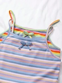4pcs/Set Tween Girls Casual Everyday Multicolor Stripe Camisole & Shorts Set, Soft Ribbed Knit Fabric, Spring/Summer, Mix Color - Multicolor - View 3