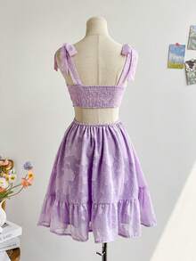 Soleia Women's Lace Cutout Mini Dress, Romantic Texture, Folded Collar, Backless With Waist Cutout, Self-Tie Shoulder Straps, Flounced Hem, Suitable For Party, Date, Valentine's Day, Afternoon Tea, Wedding, Casual Beach, Cruise, Carnival, Easter Lavender Dress Lilac Dress Purple Summer Dress Purple Dress Violet Dress Cottagecore Dress - Pink - View 2