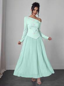 Modelyn 2 件套女士春夏斜肩串珠花卉上衣和褶皱雪纺中裙套装 - 薄荷綠 - 查看 8