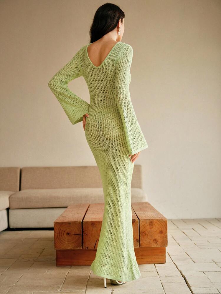 Women's Solid Color Hollow Out Crochet Flare Sleeve Dress For Summer Beach Vacation