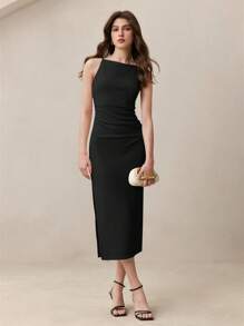 BizChic Vestido negro 2025 con tirantes de espagueti, hombro asimétrico, cintura fruncida, abertura lateral, romántico, elegante, versátil para uso diario y casual de negocios para mujeres
