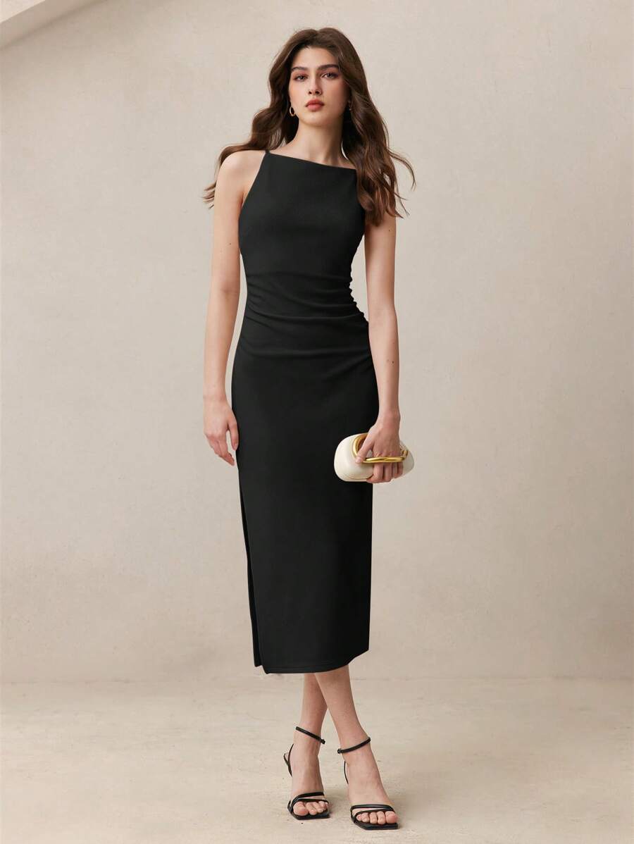 BizChic Vestido negro 2025 con tirantes de espagueti, hombro asimétrico, cintura fruncida, abertura lateral, romántico, elegante, versátil para uso diario y casual de negocios para mujeres