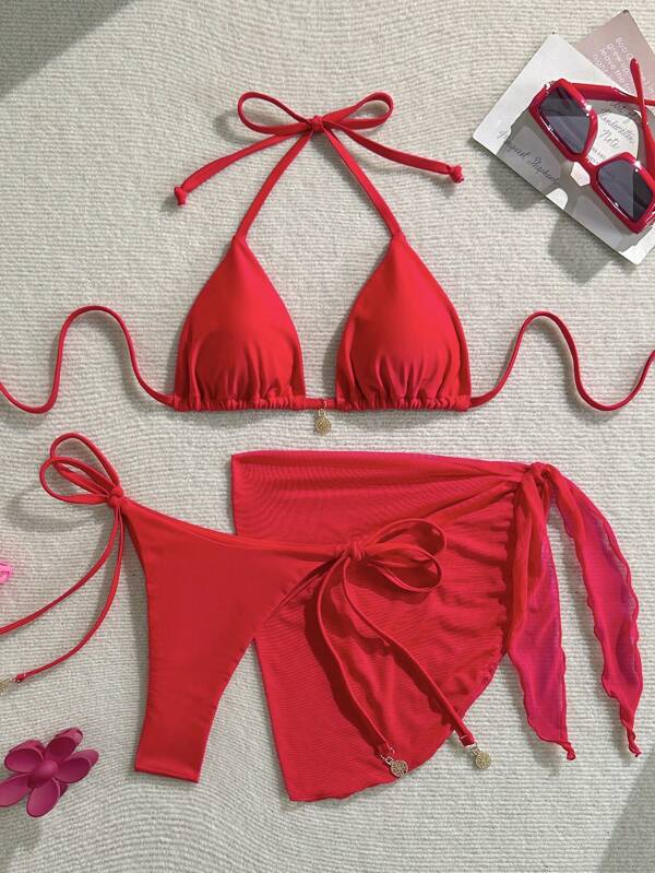 SHEIN Set de costume de baie pentru femei, culoare solidă, cu pandantiv metalic, cu halter, legat, fără spate, sexy, roșu, bikini, 3 piese, pentru plajă/stațiune