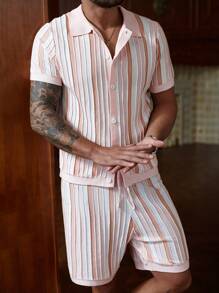 Manfinity Homme Men Men Striped Pattern Knit Top 2 Pieces Set, Summer - Multicolor - View 7