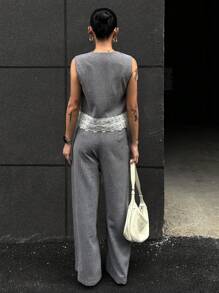 DAZY Bộ 2 áo yếm ren tương phản và quần dài cho nữ, Xuân/Hè - Xám - Xem 2