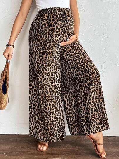 SHEIN Maternity Leopard Print Loose Casual Summer Pants Maternity Pants Adjustable Elastic Waist Ruffle Trim Leopard Print  Cheetah Print   Vacation Outfits