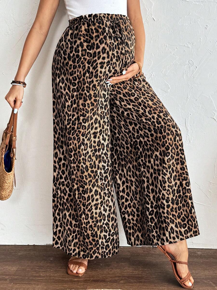 SHEIN Maternity Leopard Print Loose Casual Summer Pants Maternity Pants Adjustable Elastic Waist Ruffle Trim Leopard Print  Cheetah Print   Vacation Outfits - Black - View 1