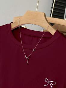 INAWLY 女士时尚百搭蝴蝶结水钻装饰短袖 T 恤，适合夏季