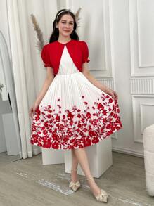 SHEIN 2 件套花卉印花百褶连衣裙和开衫套装，适合少女，全新优雅夏季服装 - 彩色 - 查看 3